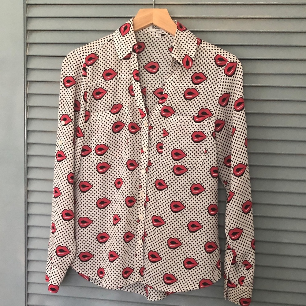 Express White Button-Down Shirt with Red Lip Print and Black Polka Dots